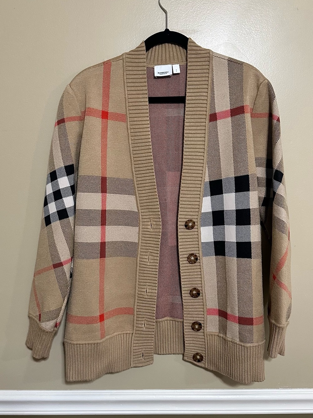 Burberry Beige Plaid Button-Front Cardigan Sweater